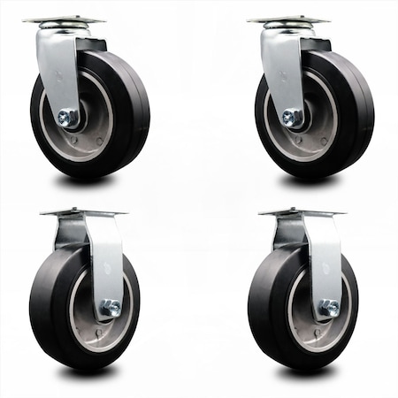 6 Inch Rubber On Aluminum Caster Set With Ball Bearings 2 Swivel 2 Rigid